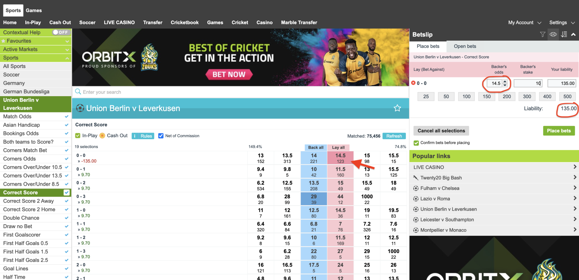 Comment gagner dans les paris sportifs avec la technique des pronostics “lay 0-0” : Exemple 1 : Berlin – Leverkusen en 16ème journée de Bundesliga